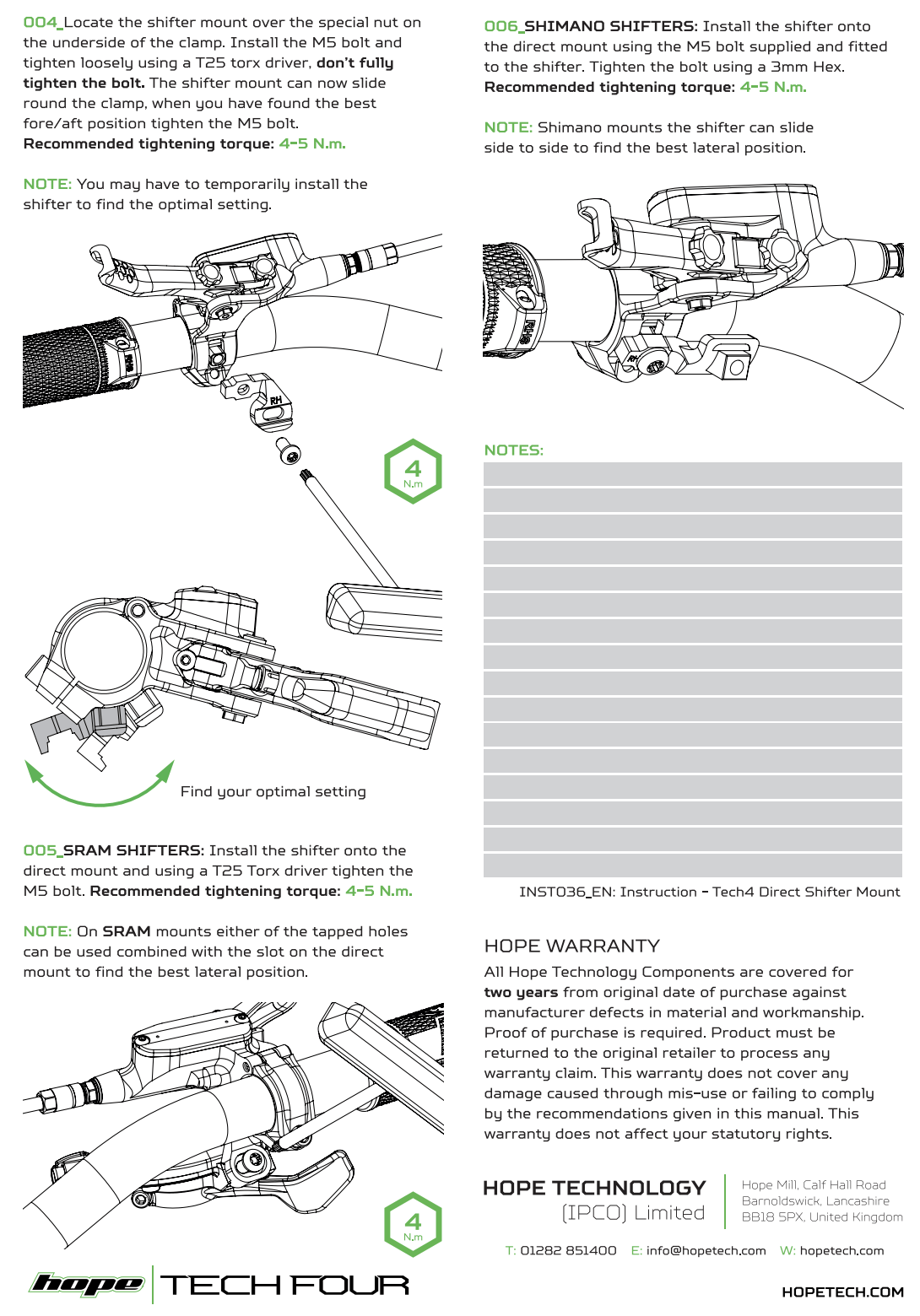 Hope Tech 4 Shifter Mount - Tech 4 Brake Lever to SRAM MatchMaker Shifter - Left - The Lost Co. - Hope - HBSP426LN - 5056454907421 -