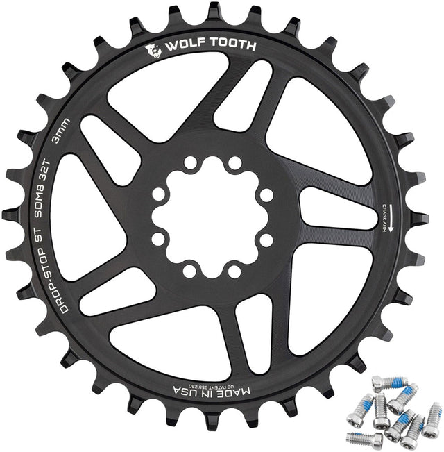 Wolf Tooth Direct Mount Chainring - 32t SRAM 8-Bolt Direct Mount 3mm Offset Drop-Stop ST Requires 12-Speed HG+ Chain BLK