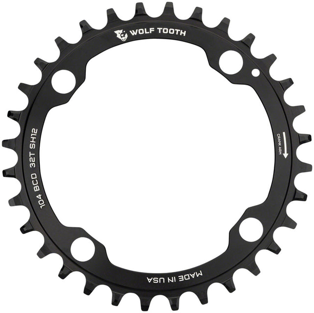 Wolf Tooth 104 BCD Chainring - 32t 104 BCD 4-Bolt Drop-Stop ST Requires Shimano 12-Speed HG+ Chain BLK
